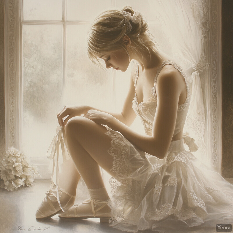 A woman sits on the floor in front of a window, dressed in a beautiful white wedding dress.