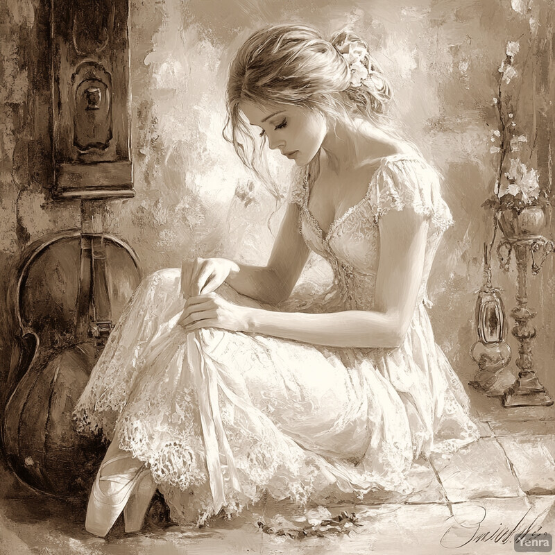 A young woman in a white dress sits on the floor, surrounded by elegant objects and elements.