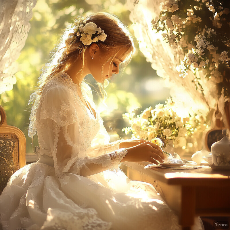 A woman in a white dress sits at a table surrounded by flowers and lace curtains, exuding elegance and refinement.