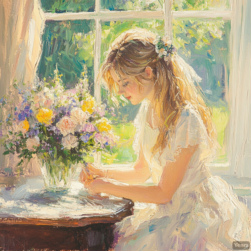 A serene painting of a woman by a window surrounded by greenery