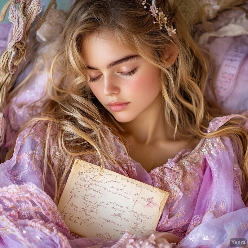 A young woman with long blonde hair and a pink dress holds a piece of paper with handwritten notes, conveying a sense of quiet contemplation.