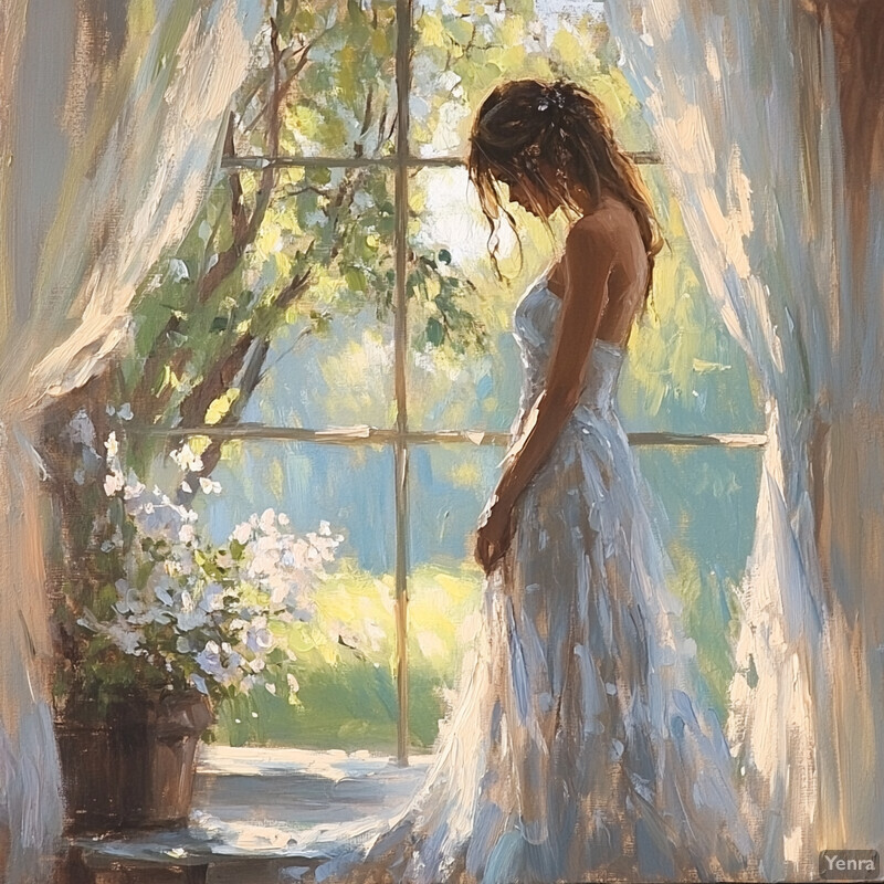 A woman in a white dress stands by a window, gazing out at lush greenery and trees outside.