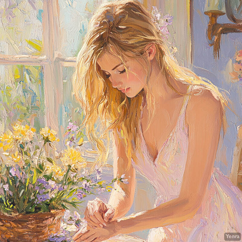 A serene depiction of a young woman surrounded by flowers, exuding tranquility.