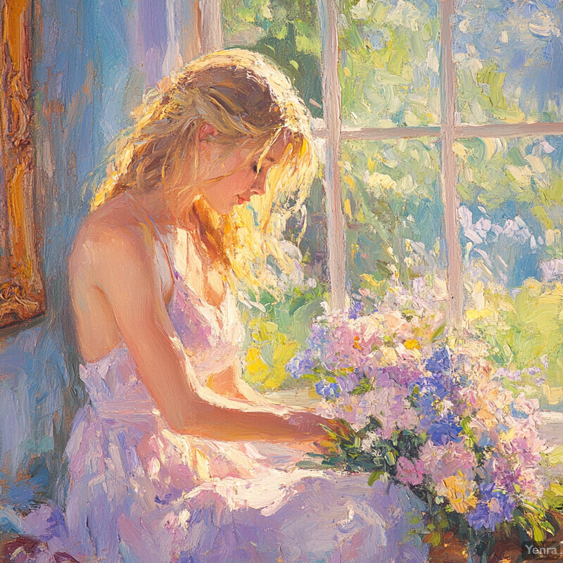 A young girl sits by a window, surrounded by lush greenery and vibrant flowers, lost in thought as she gazes out at nature's beauty.