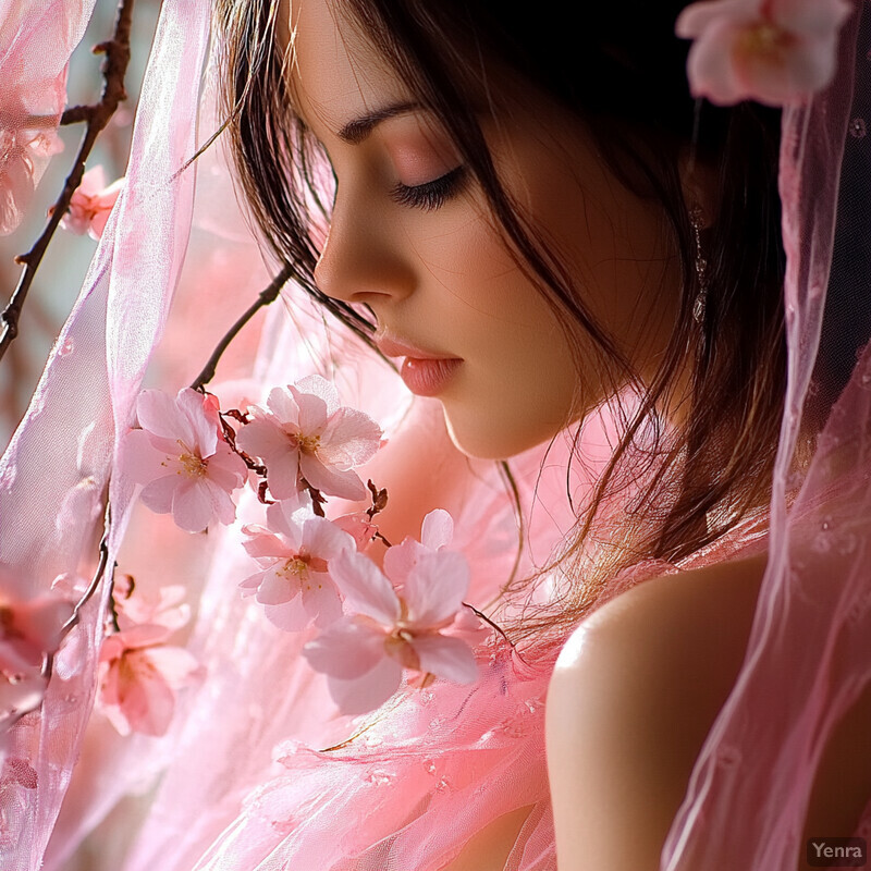 Asian woman surrounded by pink flowers