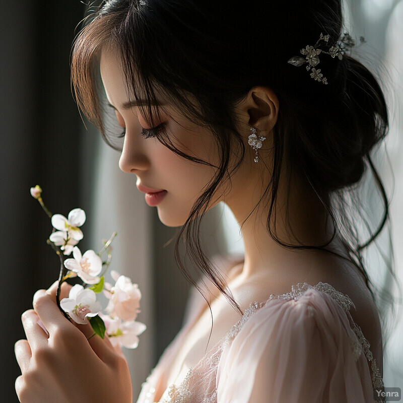 A serene image of a woman holding flowers