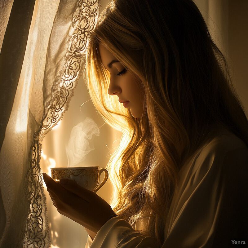 A woman sips tea or coffee in the morning, lost in thought as she gazes out the window.