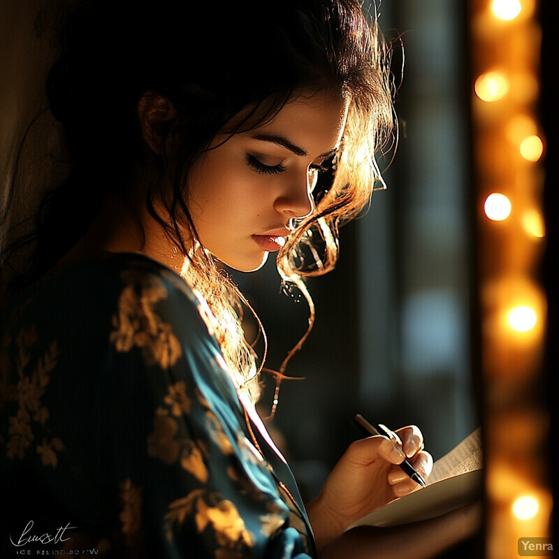 A woman sits in front of a mirror, focused on writing or drawing.