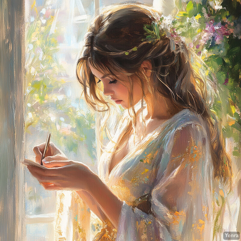 A serene and elegant scene of a woman standing by a window, surrounded by lush greenery outside.