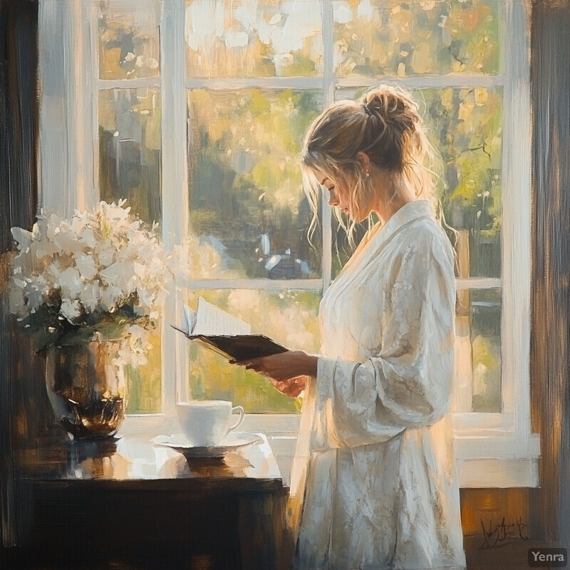 A woman stands in front of a window, reading a book with deep concentration.