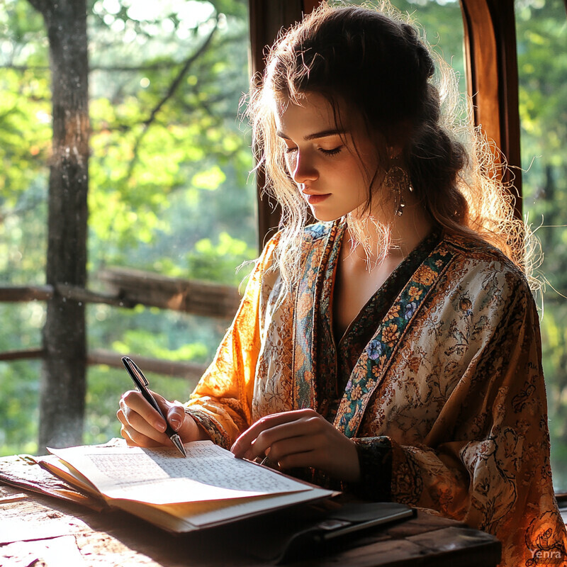 A young woman sits at a table surrounded by books and writing materials, appearing to write or draw on a piece of paper.