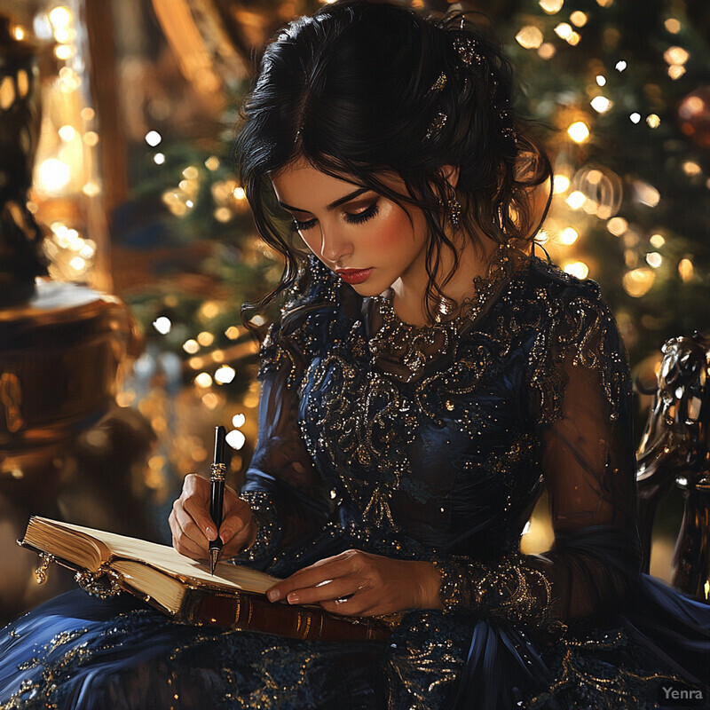 A woman sits in front of a Christmas tree, reading and writing, surrounded by soft lighting and warm colors.