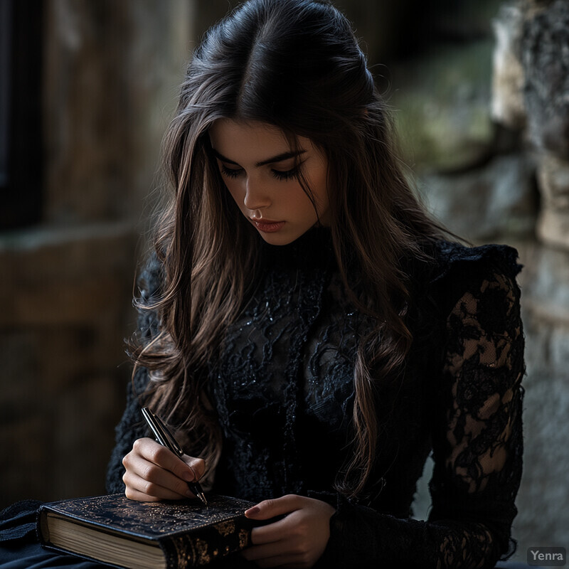 A young woman sits in front of a stone wall, writing in a journal with a pen poised over the paper.