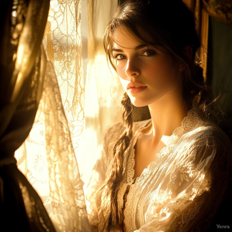 A woman gazes out of a window with white lace curtains, wearing a cream-colored lace dress and shawl.