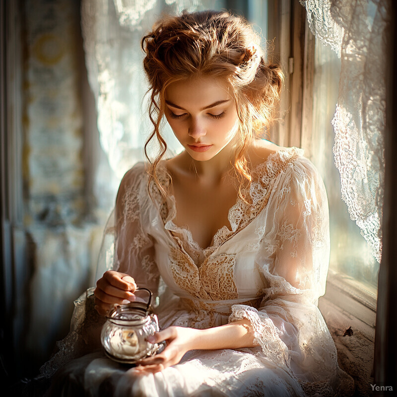 A serene moment of a young woman sitting by a window with a teapot