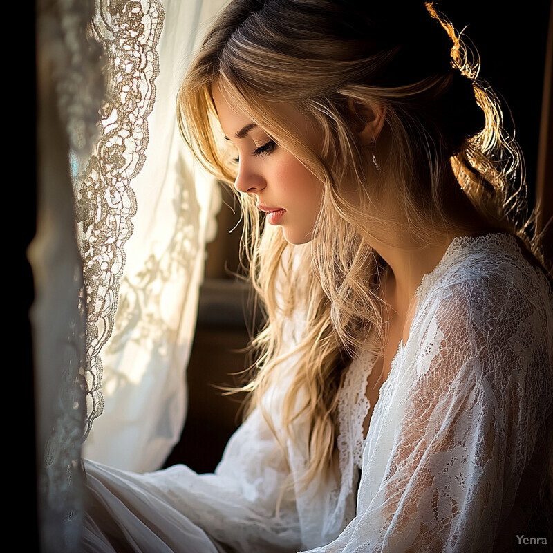 A serene moment of a woman sitting by a window, lost in thought.