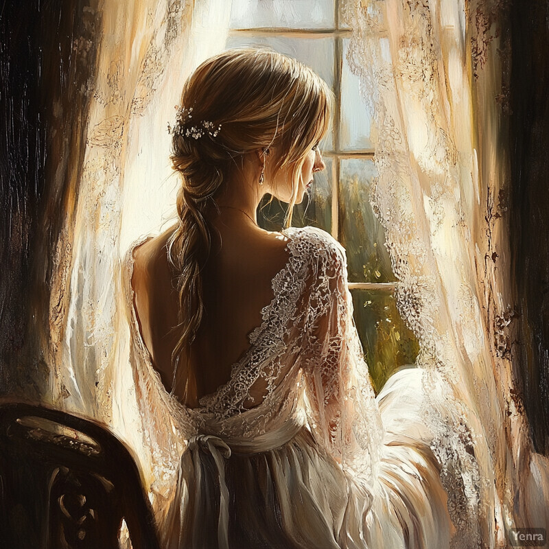 A woman gazing out of a window, lost in thought.