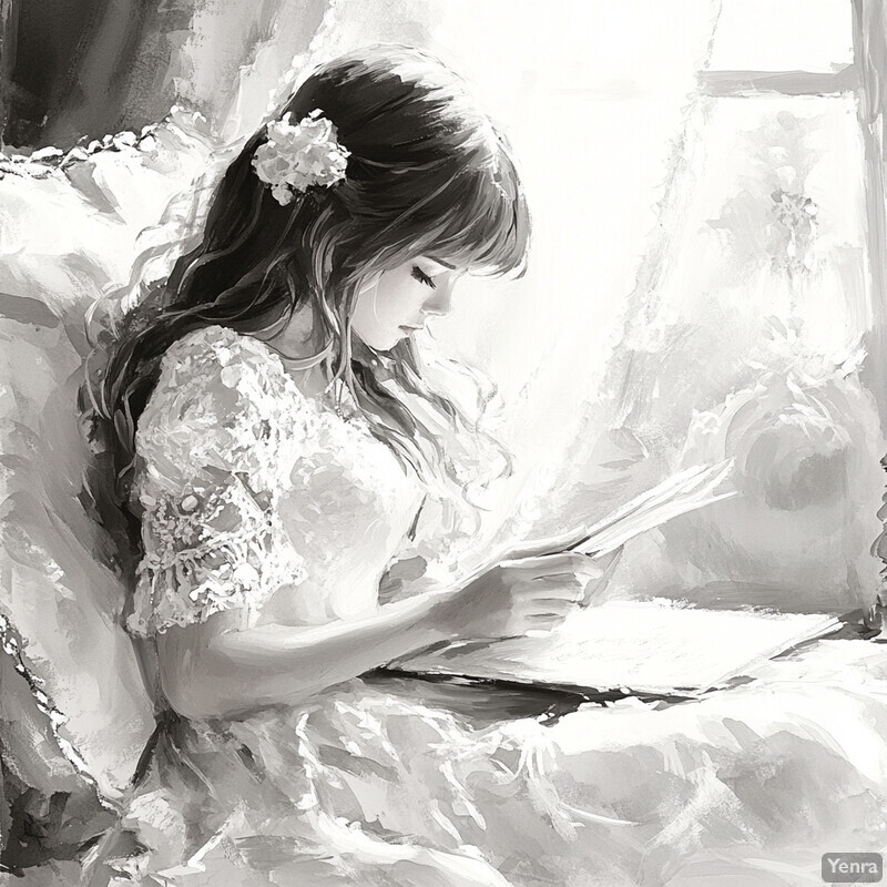 A young girl reading a book in a peaceful setting