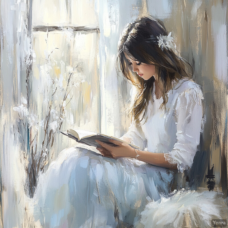 A woman sits by a window, reading a book in a peaceful setting.