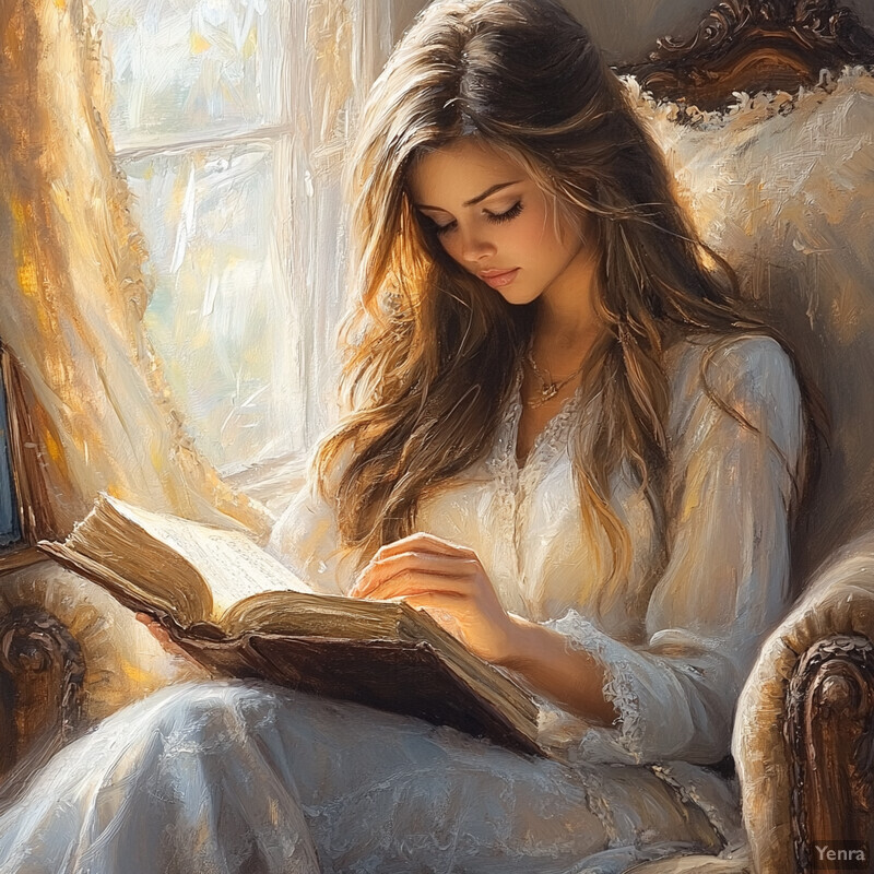 A serene and intimate scene of a woman lost in thought, engrossed in reading a book.