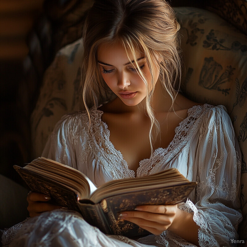 A woman sitting on a chair with floral patterns, engrossed in reading a book, creating an atmosphere of serenity and concentration.