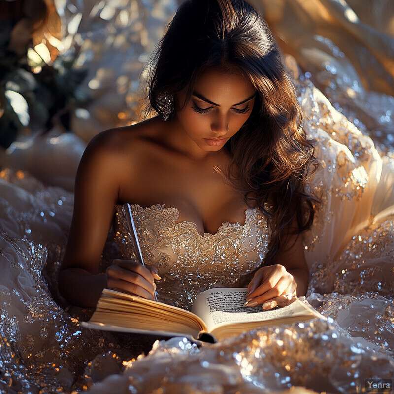 A woman sits amidst an abundance of gold-colored fabric, reading and writing with a pen.