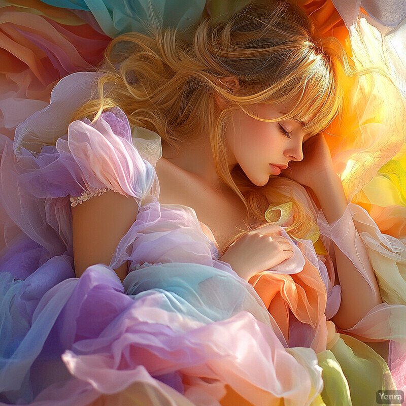 A serene and ethereal scene of a young girl sleeping peacefully on a soft white blanket.