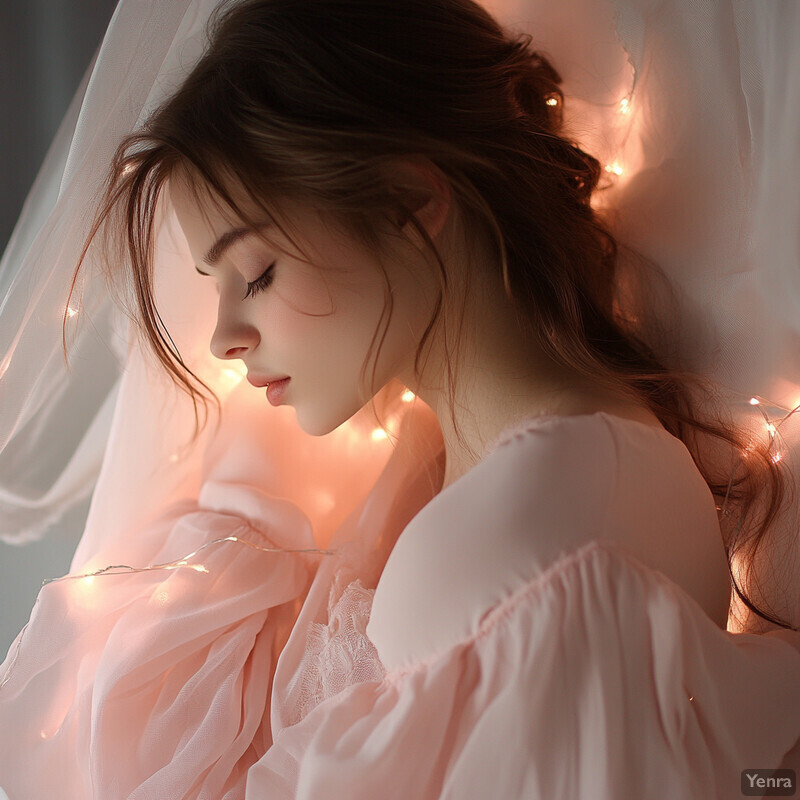 A serene and ethereal photograph featuring a woman in a pink dress or robe, gazing downwards in quiet contemplation.