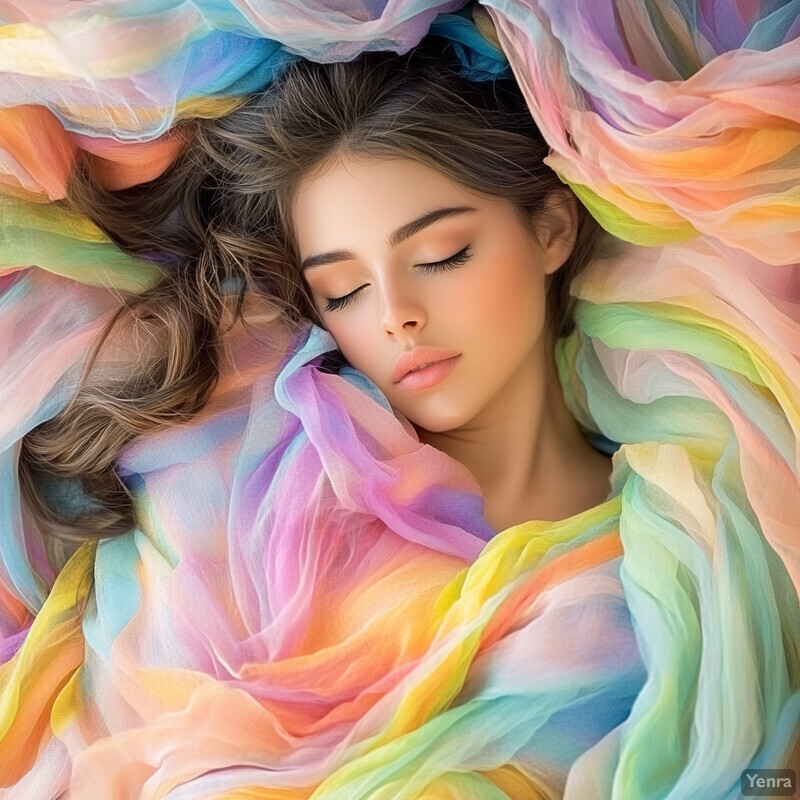 A young woman with long brown hair reclines on her back, surrounded by pastel-colored fabric, exuding a sense of serenity.