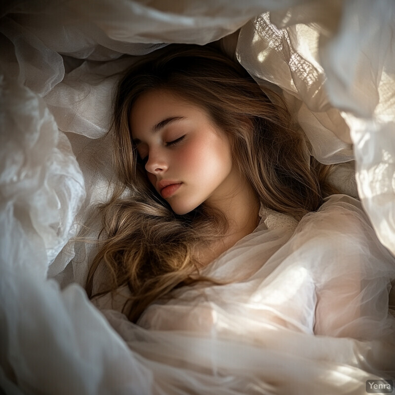 A young girl sleeps peacefully on a bed, surrounded by soft lighting and muted colors.