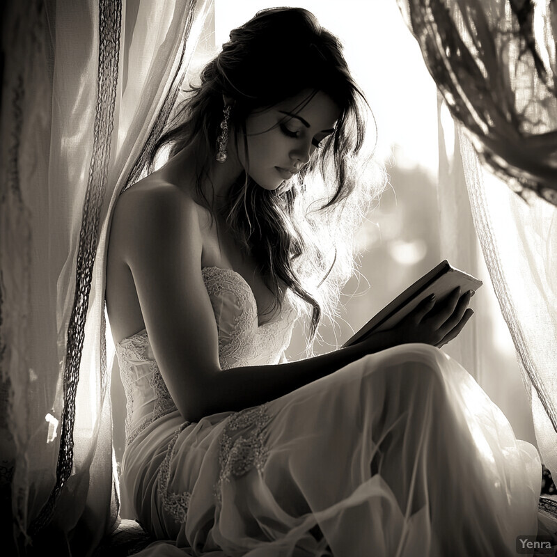 A woman sits by a window, surrounded by sheer curtains, reading a book in an elegant white dress.