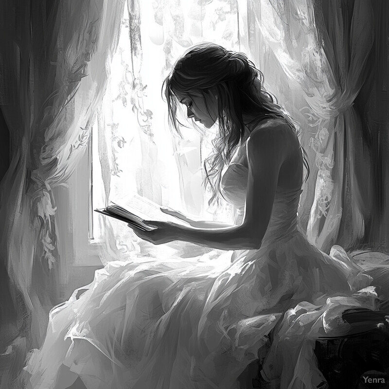 A serene scene of a woman reading by a window, lost in thought.