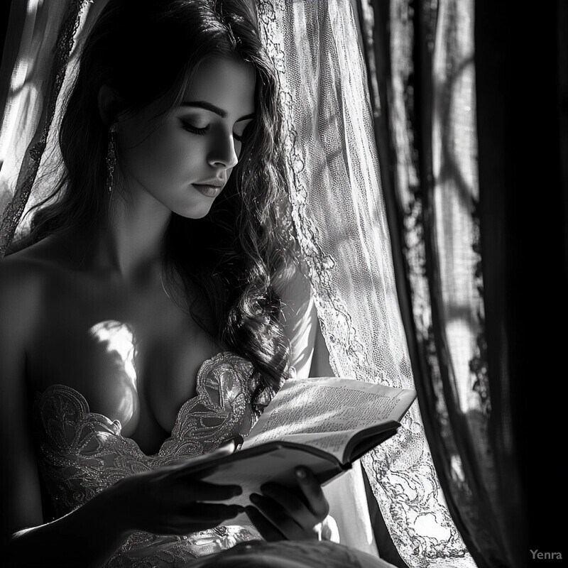 A woman reads a book by a window with lace curtains in a bedroom setting.