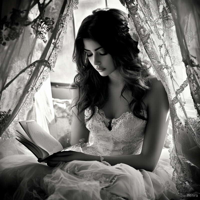 A woman sits on the floor surrounded by white lace and tulle fabrics, engrossed in reading a book.