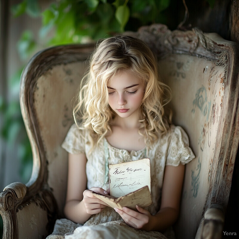 A young girl sits in an old-fashioned chair, holding a small book or letter, exuding serenity and nostalgia.