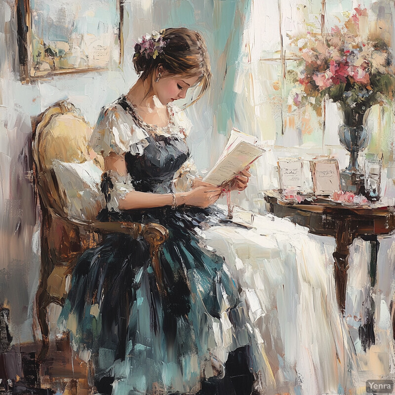 A serene and nostalgic painting of a woman reading a book by the window