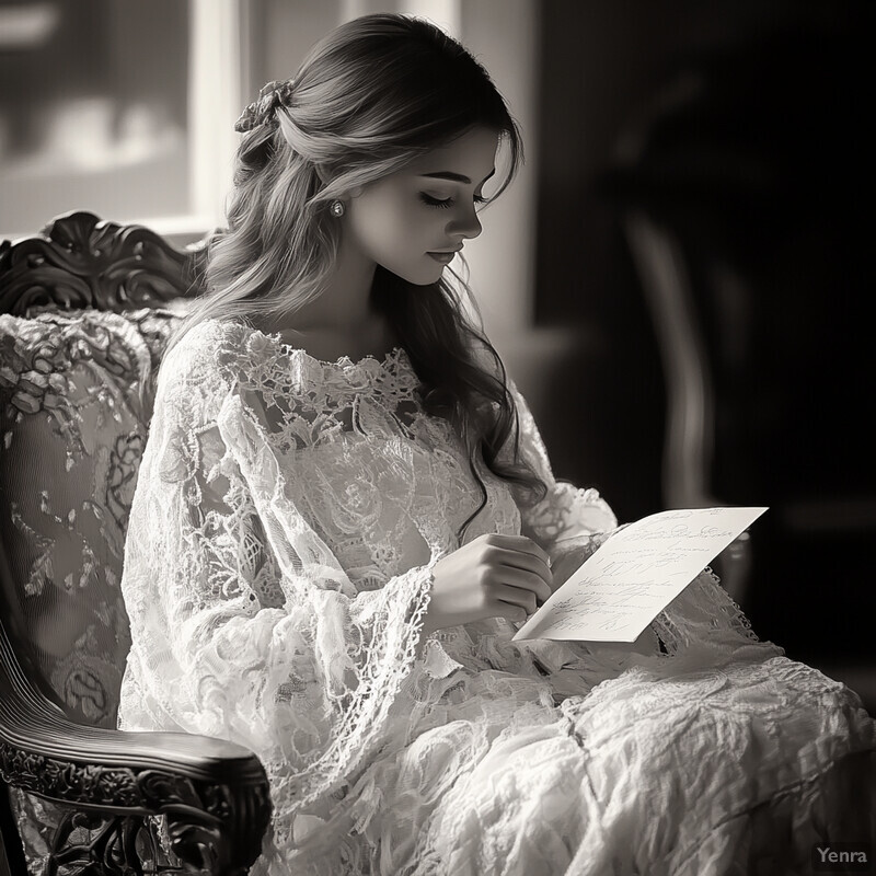 A serene and nostalgic scene of a woman reading from a paper while sitting in an ornate chair.