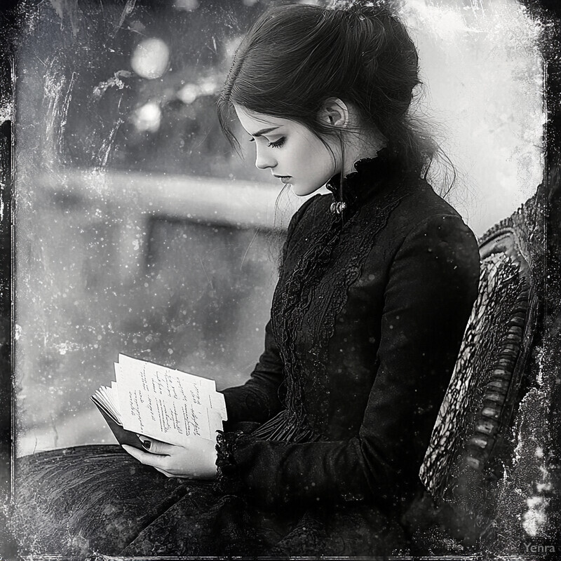 A young girl sitting on a chair, holding an open book and appearing to read intently.