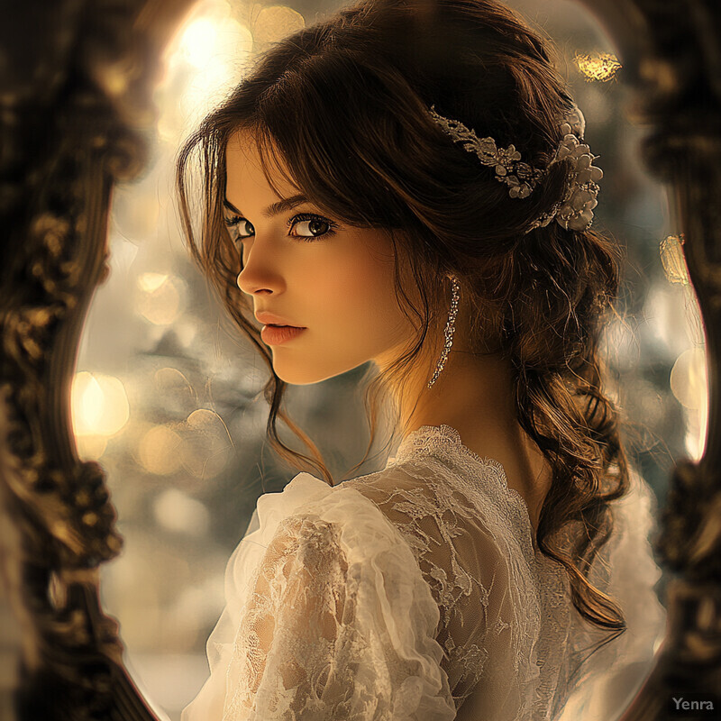 A woman in a white wedding dress stands in front of an ornate mirror, exuding elegance and sophistication.