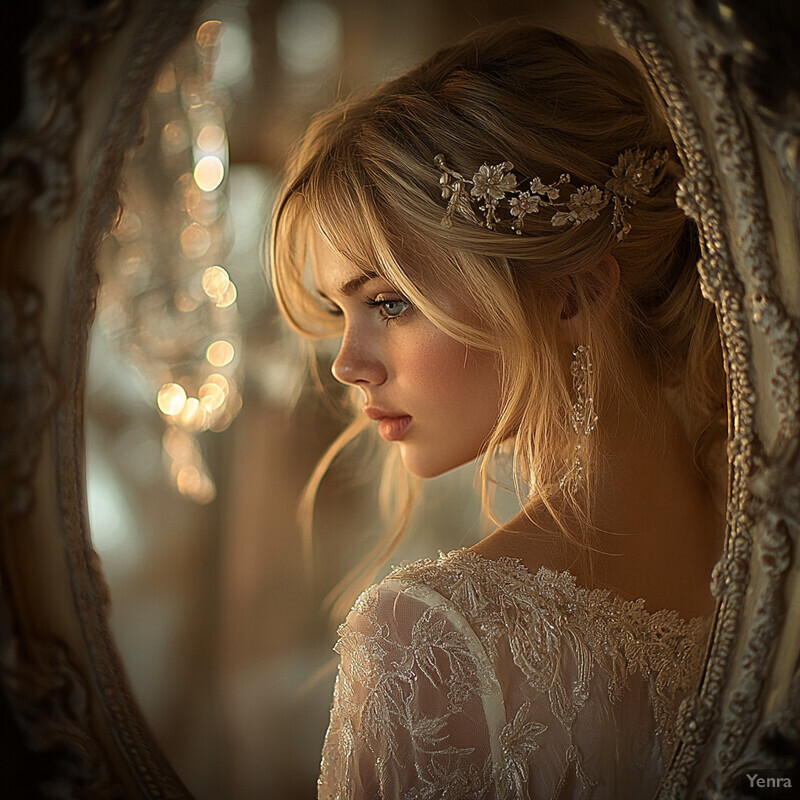 A woman in a wedding dress poses for a photograph, gazing towards the left side of the frame.