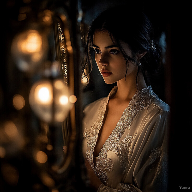 A woman stands in front of a mirror, wearing a white dress and holding flowers, conveying a sense of contemplation or introspection.