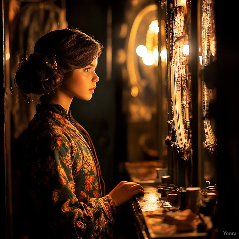 A woman stands in front of a mirror, surrounded by soft lighting and cluttered vanity tables.