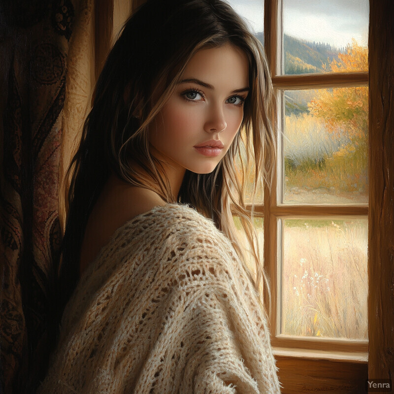 A young woman stands in front of a window, gazing out at an autumnal landscape.