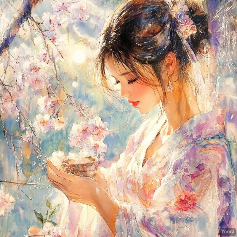 A serene young woman holding a bowl or cup amidst cherry blossoms