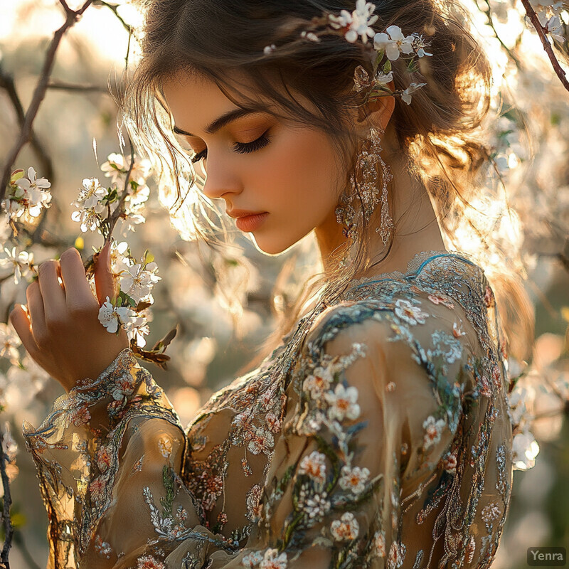 A serene photograph of a woman standing in a beautiful garden