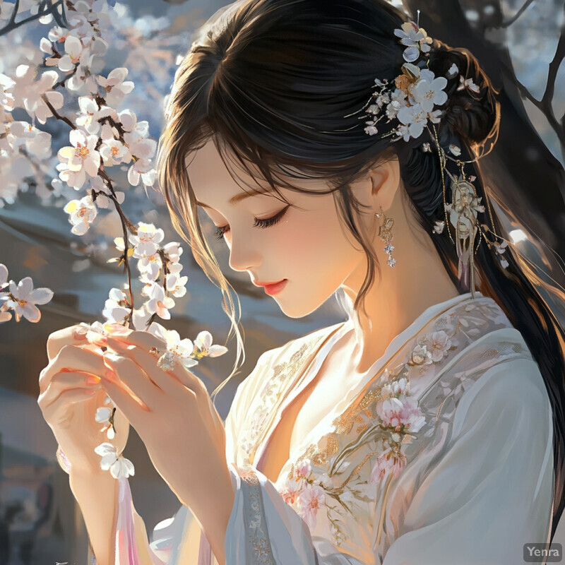 A serene and elegant scene of a woman surrounded by blooming flowers.