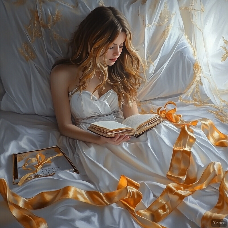 A woman sits on a bed or couch, surrounded by soft white sheets and pillows, holding an open book with a golden ribbon bookmark.