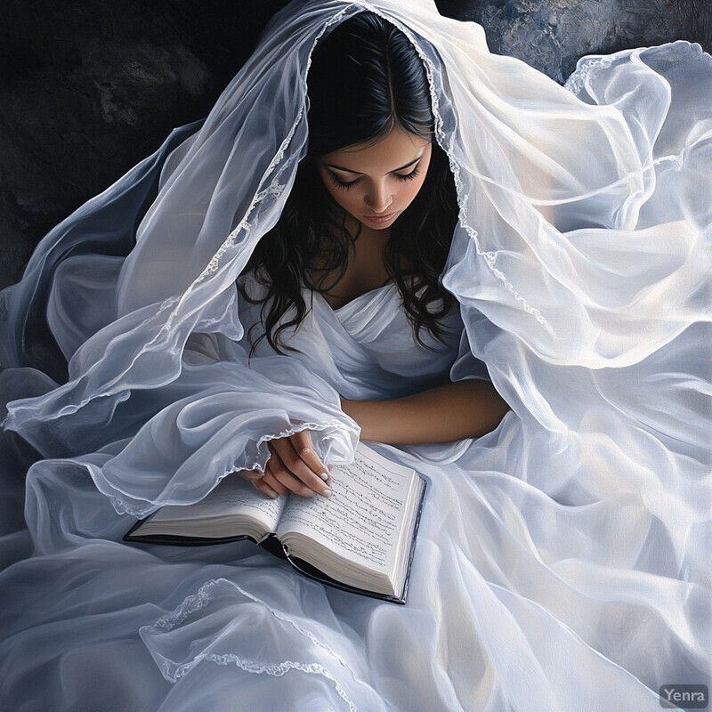 A serene scene of a woman in a white wedding dress sitting with an open book.