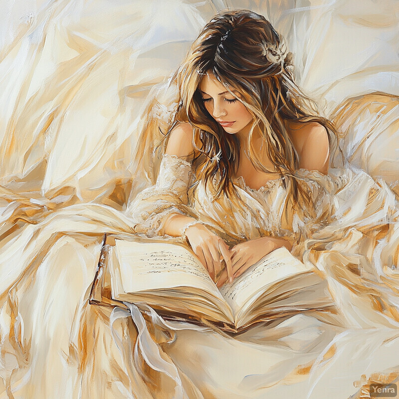 A woman engrossed in reading a book, exuding calmness and tranquility.