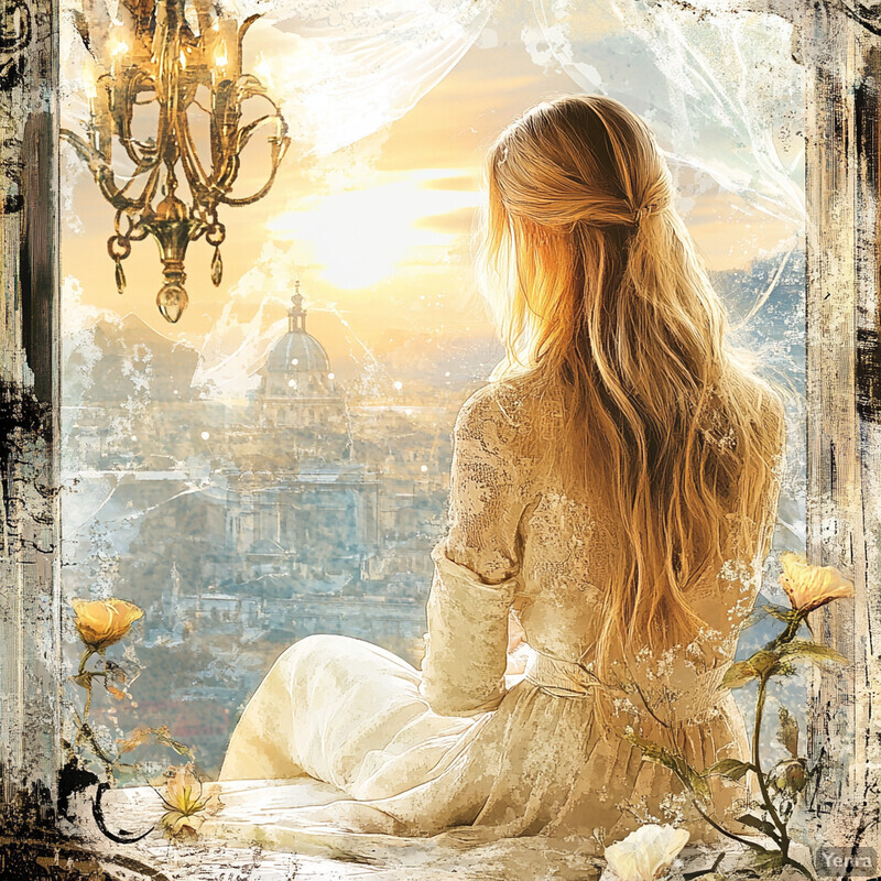 A serene scene of a woman sitting on a windowsill, gazing out at a cityscape.